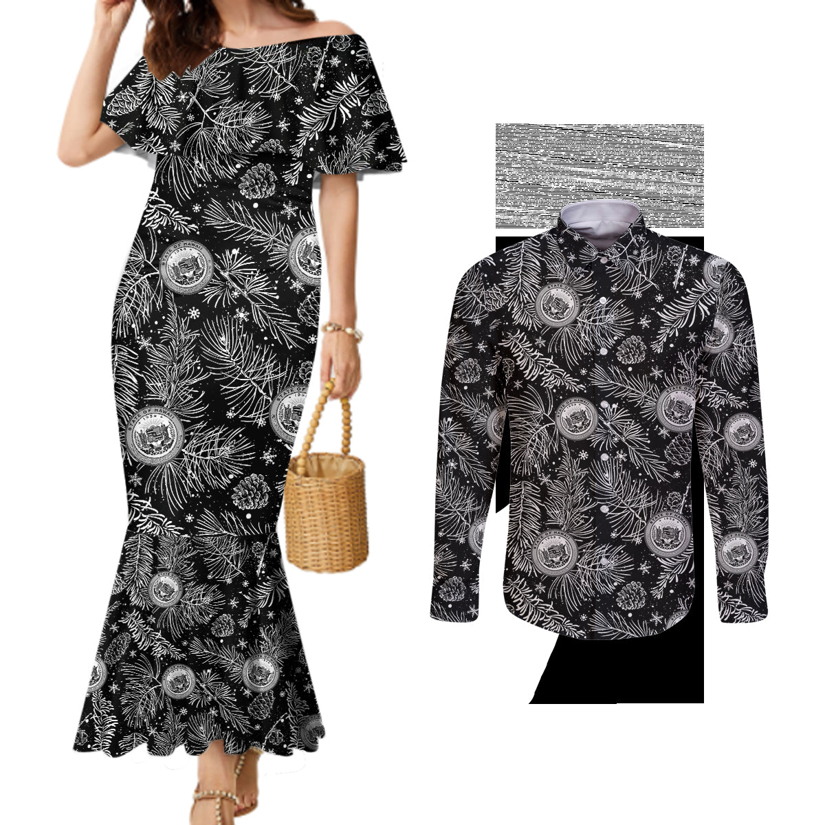 Hawaii Christmas Couples Matching Mermaid Dress and Long Sleeve Button Shirt Tropical Style With Coat Of Arms LT14 Black - Polynesian Pride