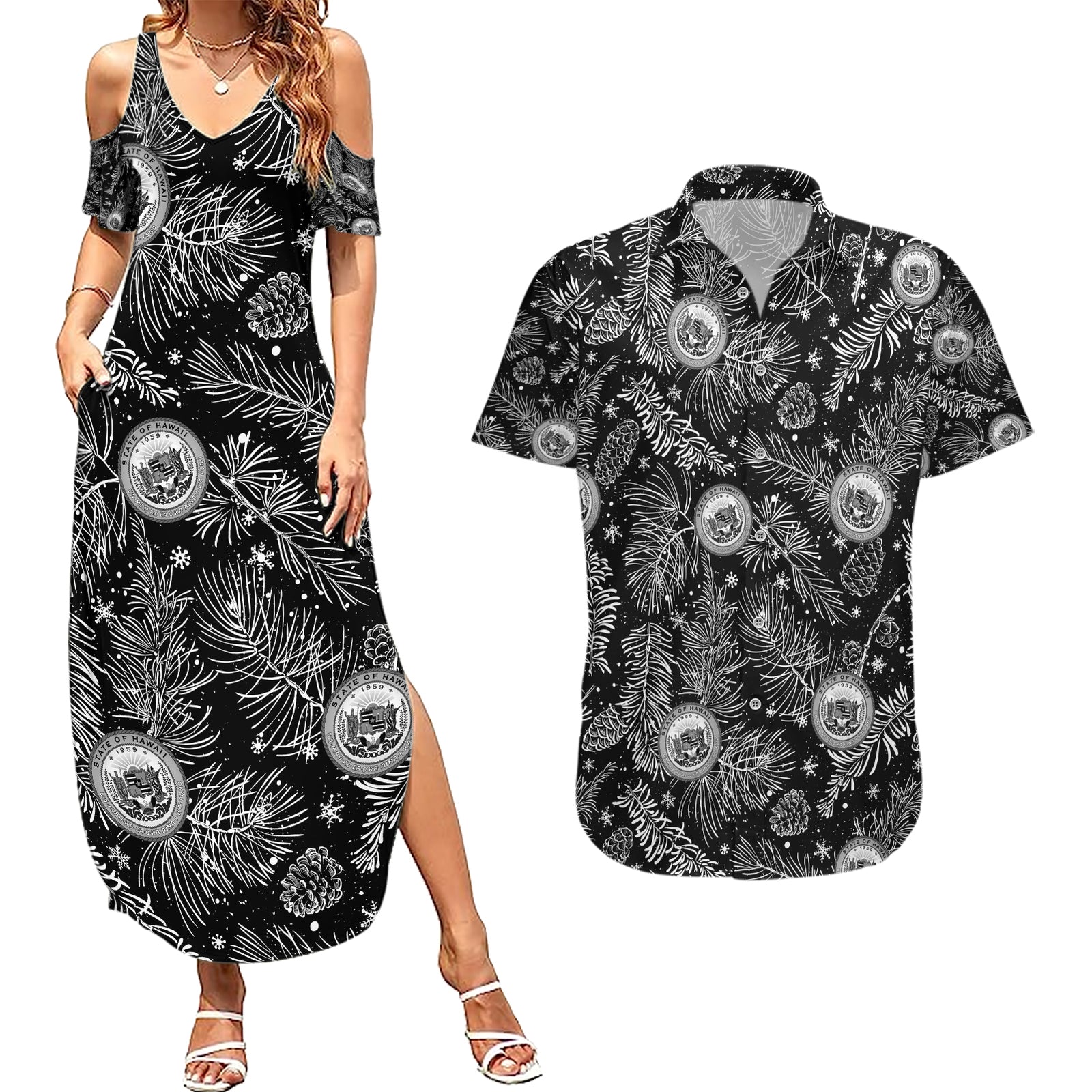 Hawaii Christmas Couples Matching Summer Maxi Dress and Hawaiian Shirt Tropical Style With Coat Of Arms LT14 Black - Polynesian Pride