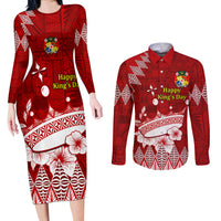 Personalised Tonga King Tupou I Day Couples Matching Long Sleeve Bodycon Dress and Long Sleeve Button Shirt Tongan Ngatu Pattern With Crown LT14 Red - Polynesian Pride