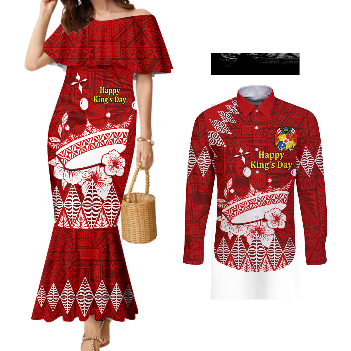 Personalised Tonga King Tupou I Day Couples Matching Mermaid Dress and Long Sleeve Button Shirt Tongan Ngatu Pattern With Crown LT14 Red - Polynesian Pride
