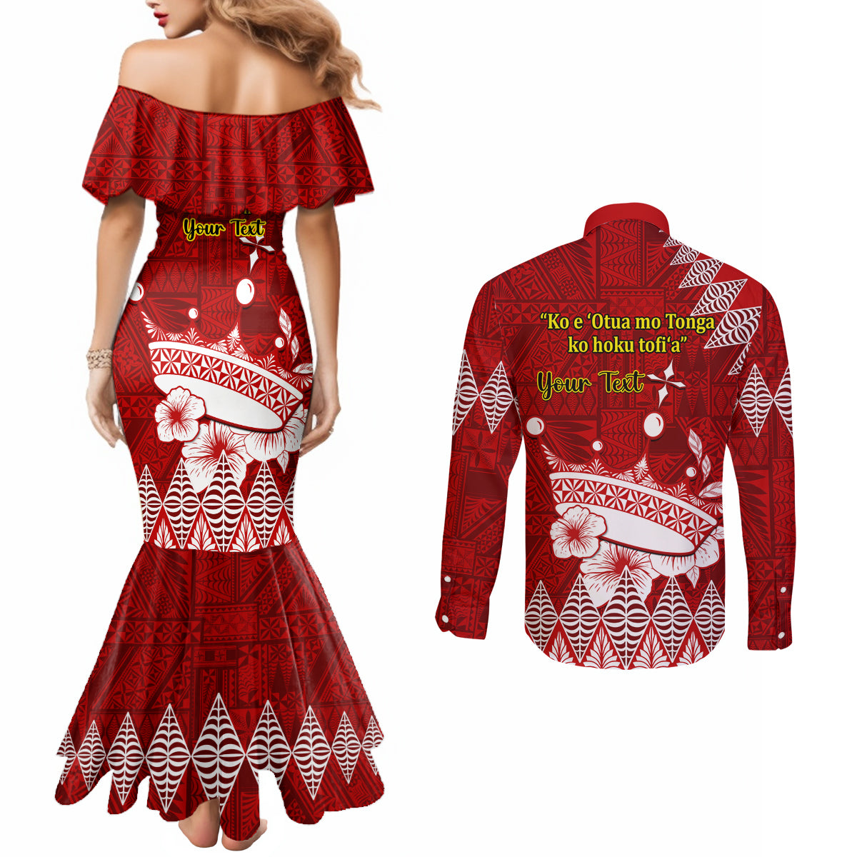 Personalised Tonga King Tupou I Day Couples Matching Mermaid Dress and Long Sleeve Button Shirt Tongan Ngatu Pattern With Crown LT14 - Polynesian Pride