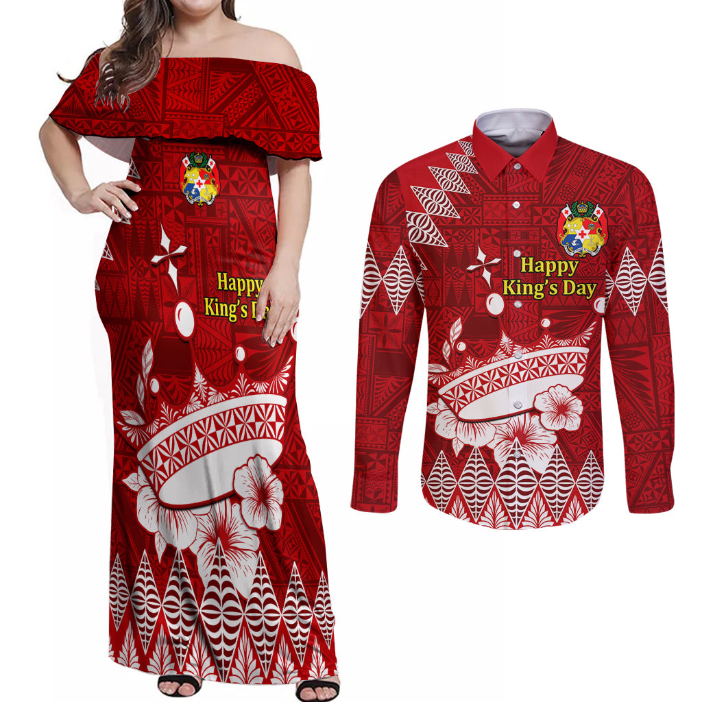 Personalised Tonga King Tupou I Day Couples Matching Off Shoulder Maxi Dress and Long Sleeve Button Shirt Tongan Ngatu Pattern With Crown LT14 Red - Polynesian Pride