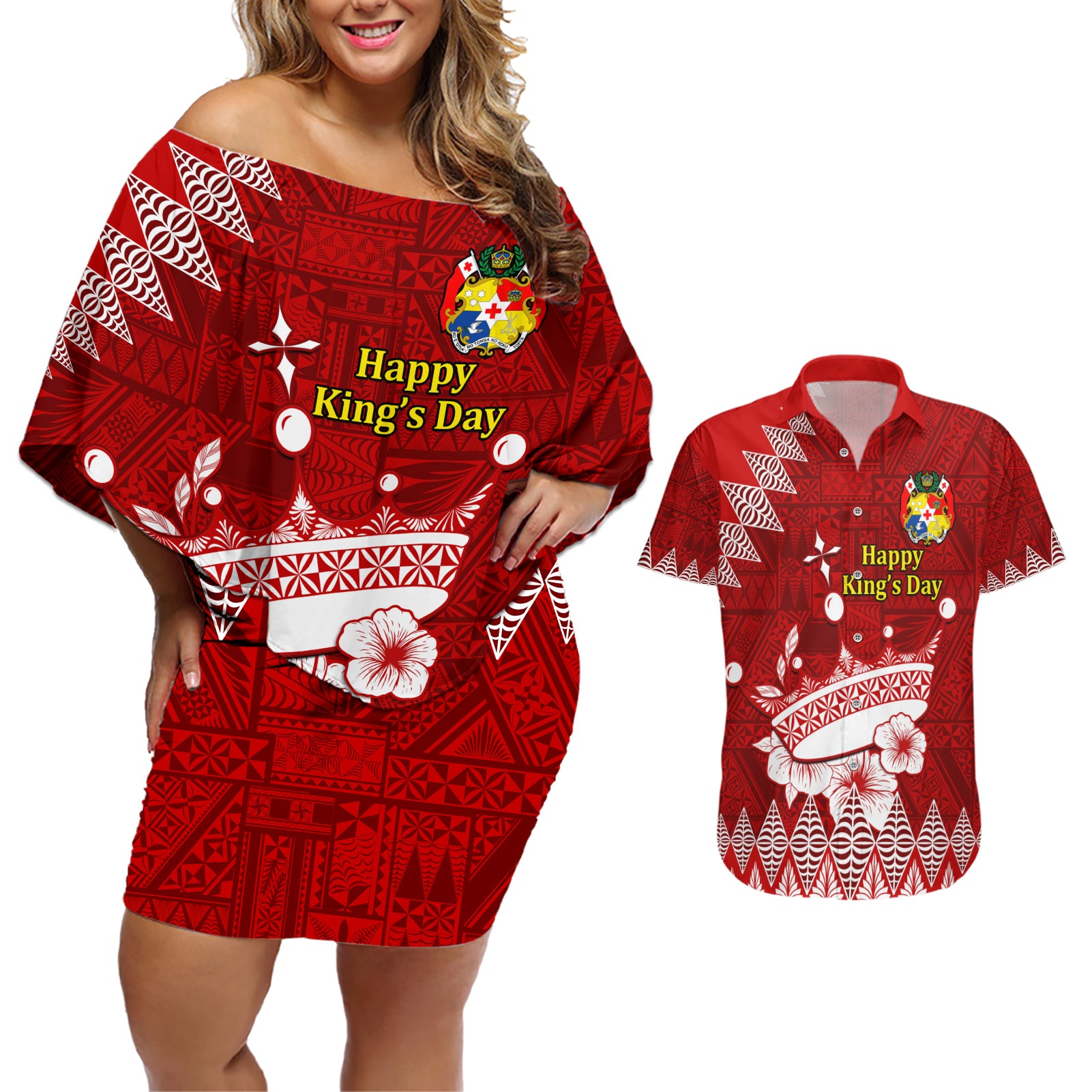 Personalised Tonga King Tupou I Day Couples Matching Off Shoulder Short Dress and Hawaiian Shirt Tongan Ngatu Pattern With Crown LT14 Red - Polynesian Pride