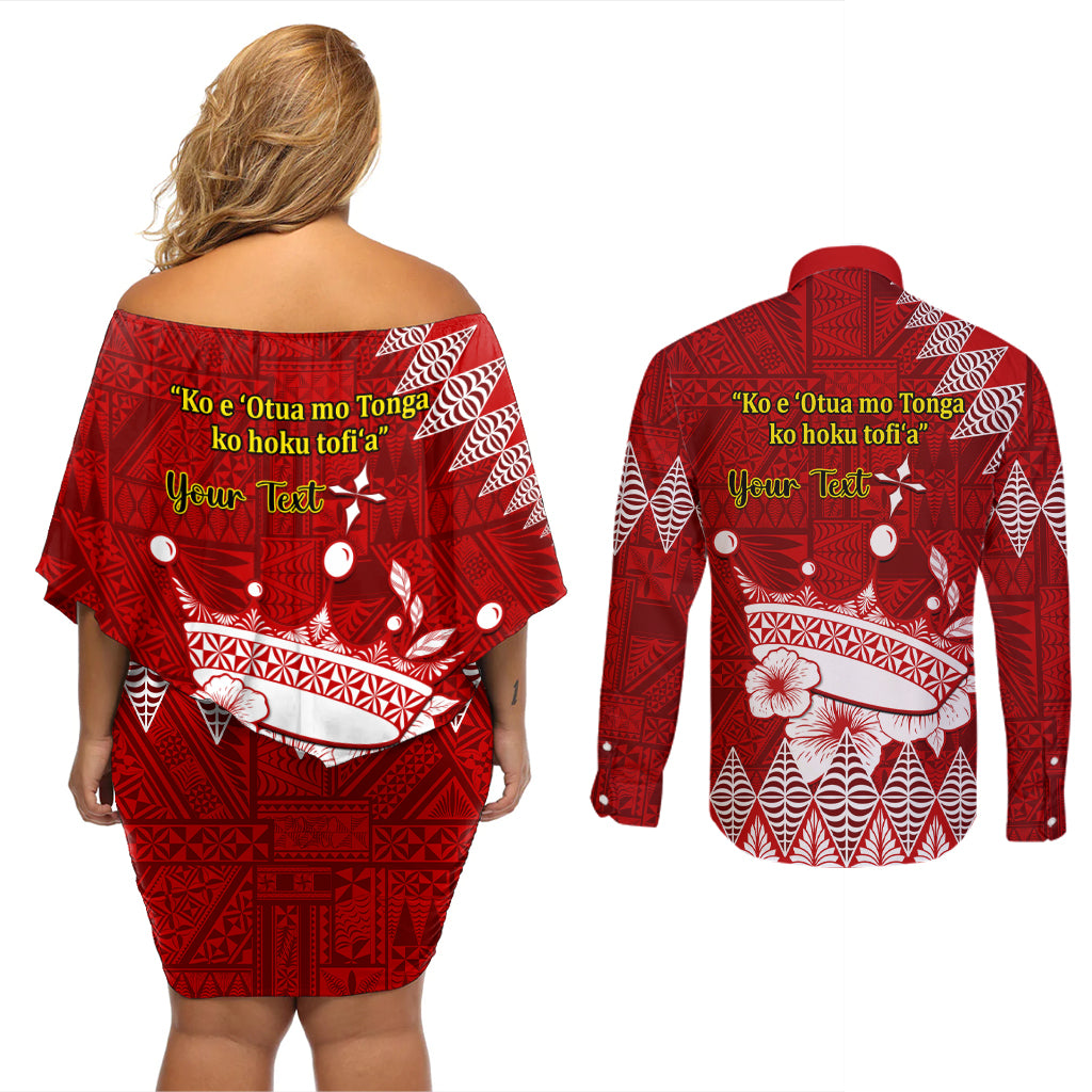 Personalised Tonga King Tupou I Day Couples Matching Off Shoulder Short Dress and Long Sleeve Button Shirt Tongan Ngatu Pattern With Crown LT14 - Polynesian Pride