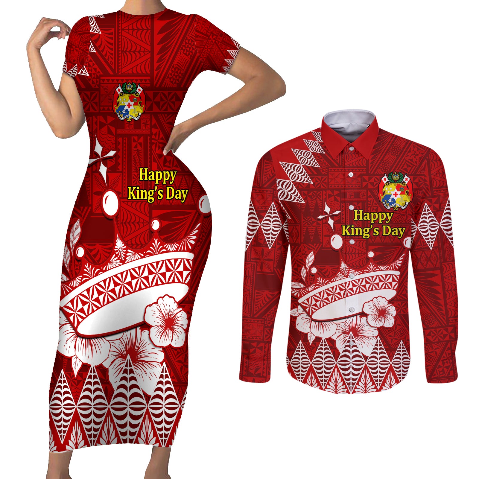 Personalised Tonga King Tupou I Day Couples Matching Short Sleeve Bodycon Dress and Long Sleeve Button Shirt Tongan Ngatu Pattern With Crown LT14 Red - Polynesian Pride