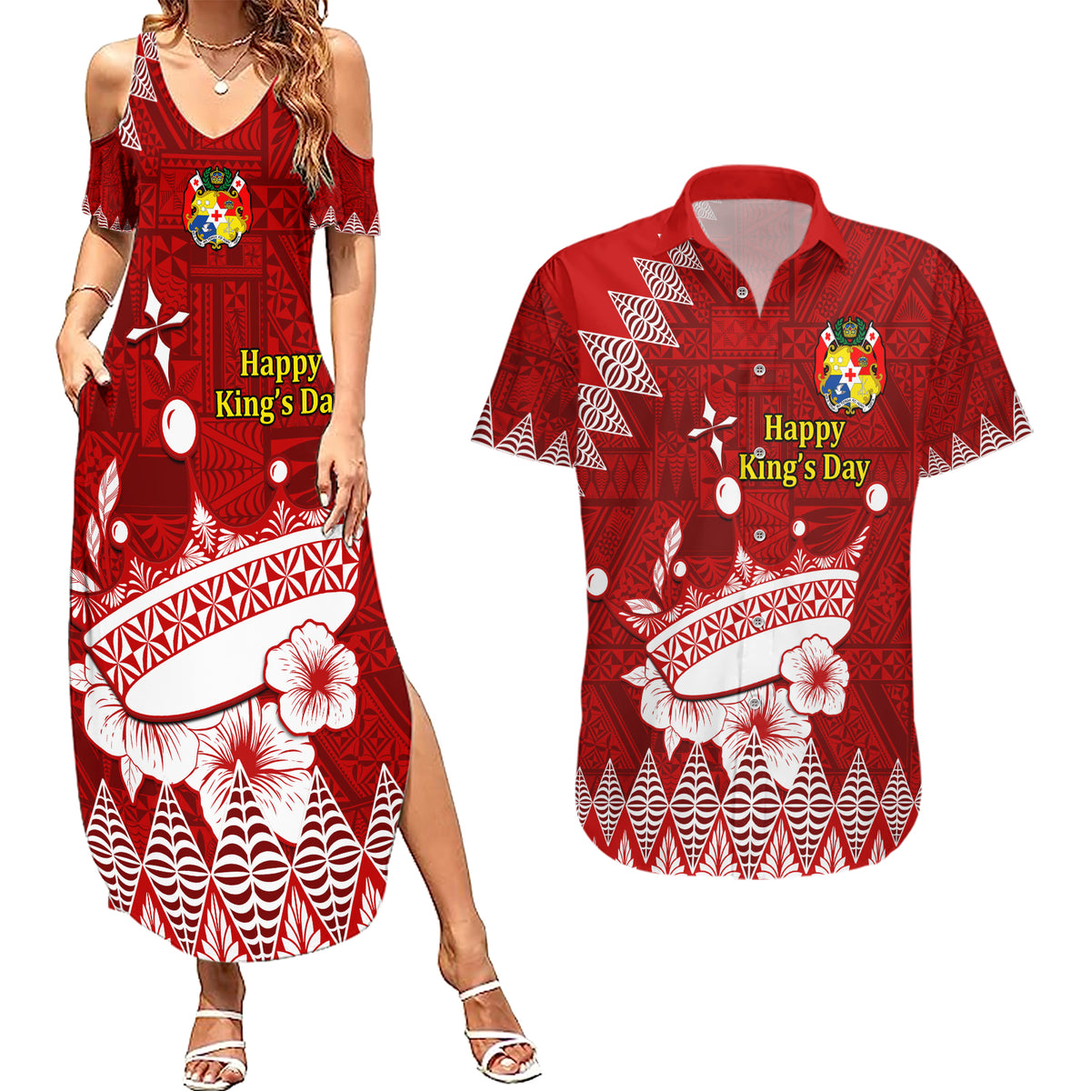 Personalised Tonga King Tupou I Day Couples Matching Summer Maxi Dress and Hawaiian Shirt Tongan Ngatu Pattern With Crown LT14 Red - Polynesian Pride