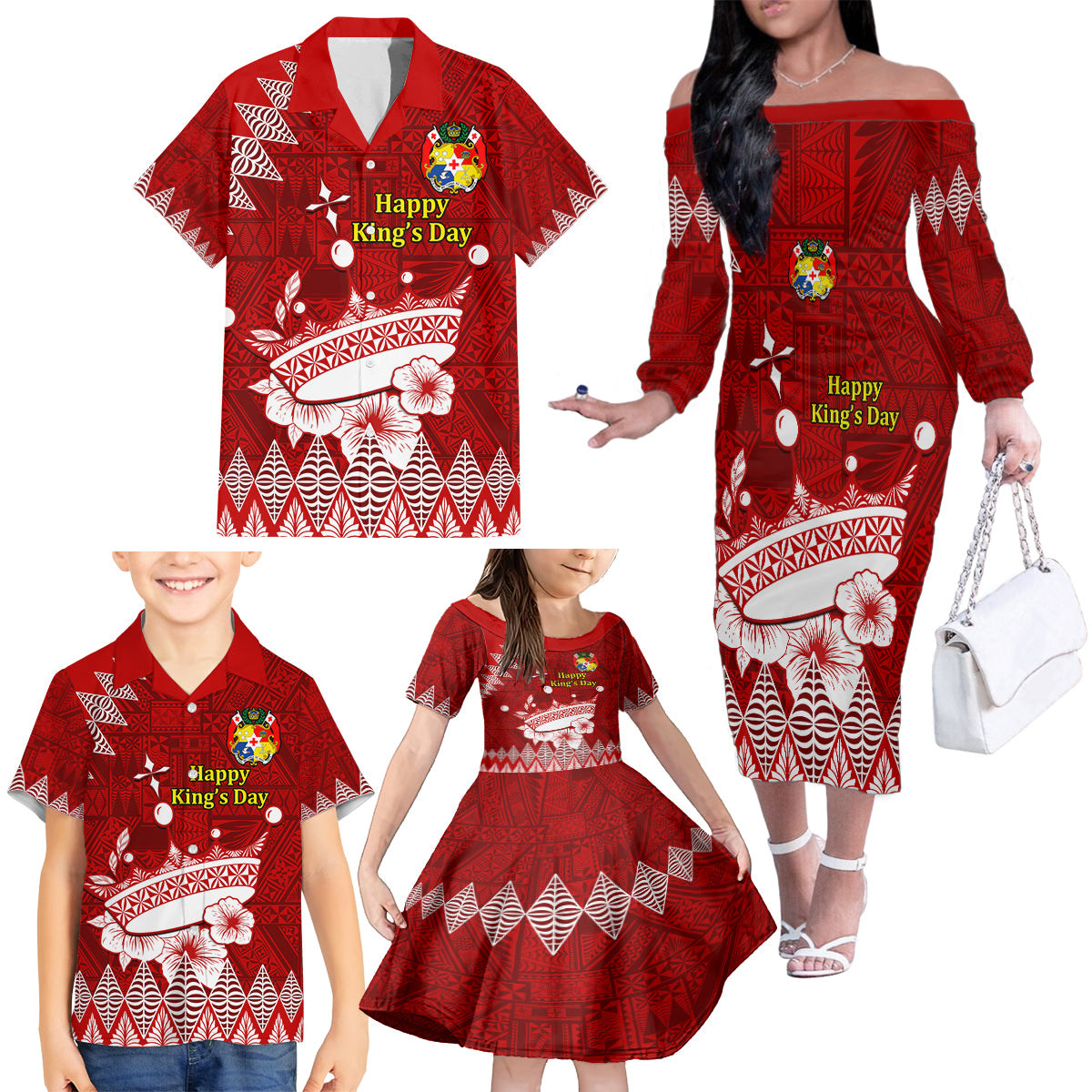 Personalised Tonga King Tupou I Day Family Matching Off Shoulder Long Sleeve Dress and Hawaiian Shirt Tongan Ngatu Pattern With Crown LT14 - Polynesian Pride