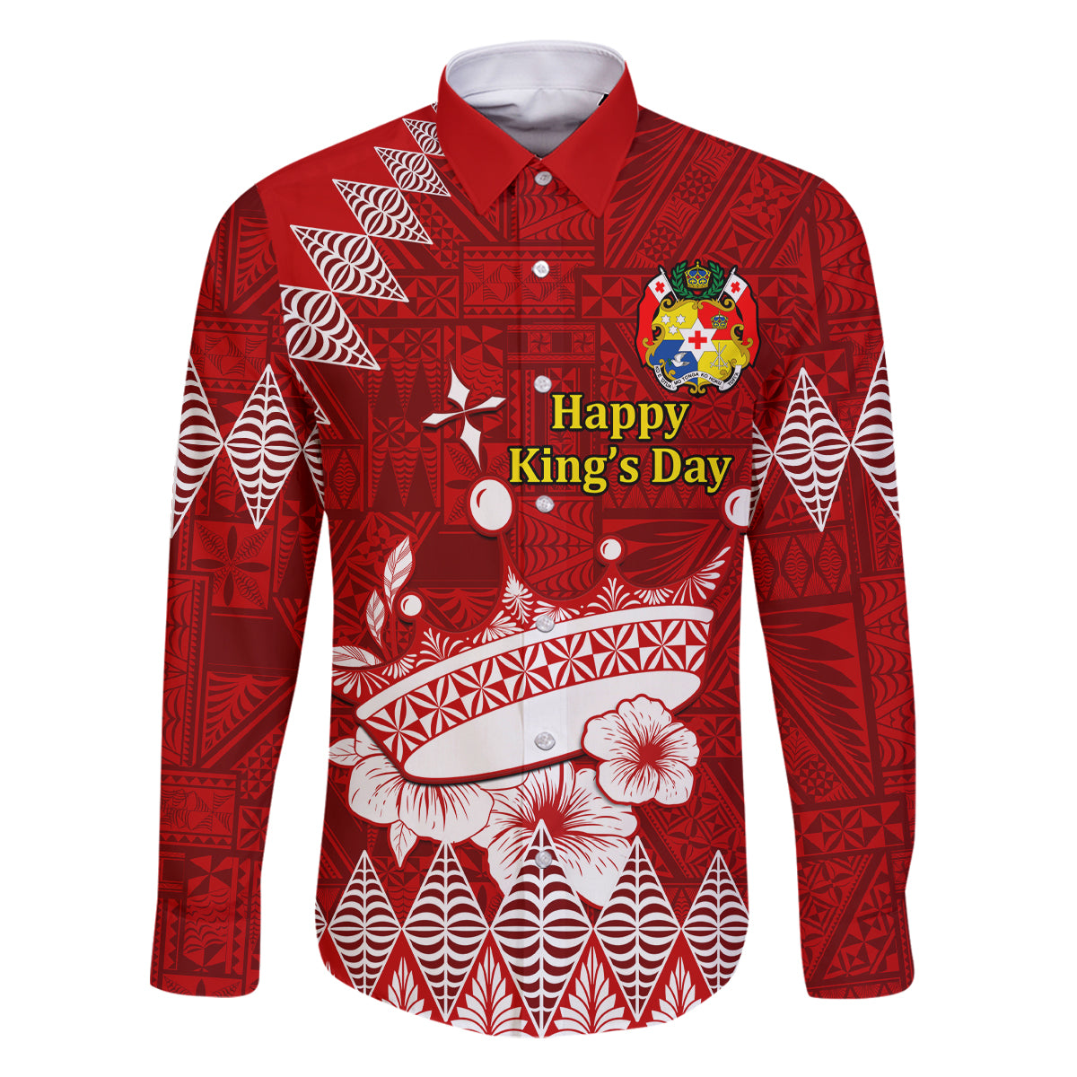 Personalised Tonga King Tupou I Day Family Matching Tank Maxi Dress and Hawaiian Shirt Tongan Ngatu Pattern With Crown LT14 Dad's Shirt - Long Sleeve Red - Polynesian Pride
