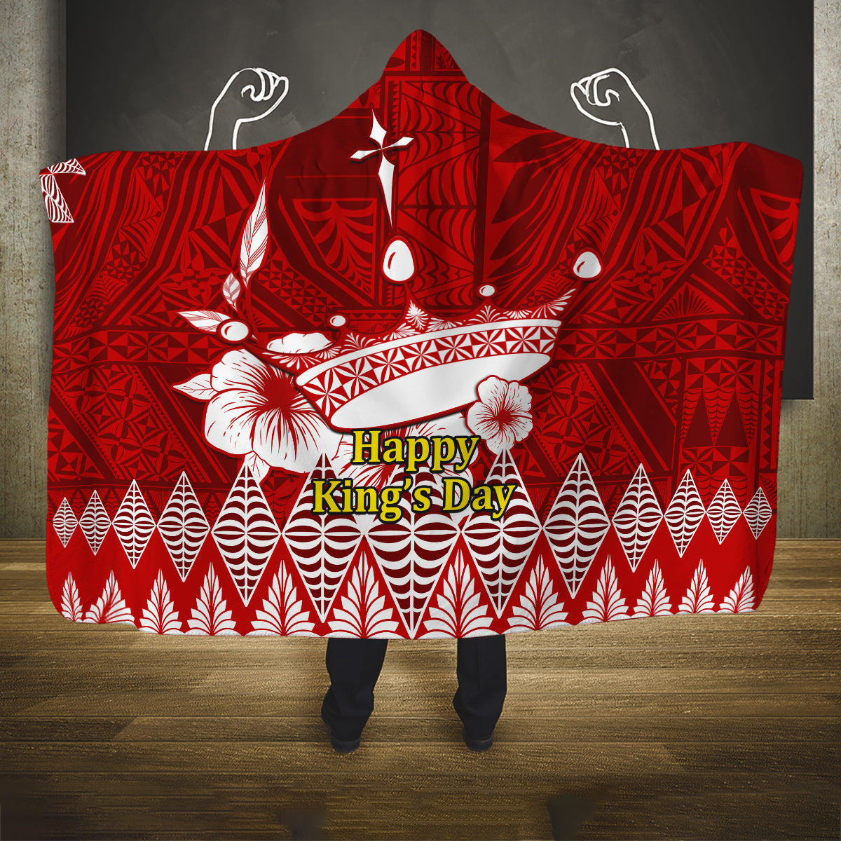 Tonga King Tupou I Day Hooded Blanket Tongan Ngatu Pattern With Crown LT14 One Size Red - Polynesian Pride