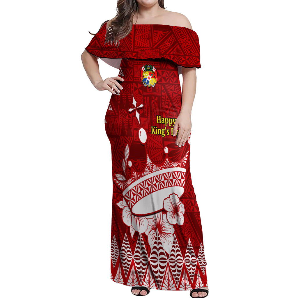 Personalised Tonga King Tupou I Day Off Shoulder Maxi Dress Tongan Ngatu Pattern With Crown LT14 Women Red - Polynesian Pride