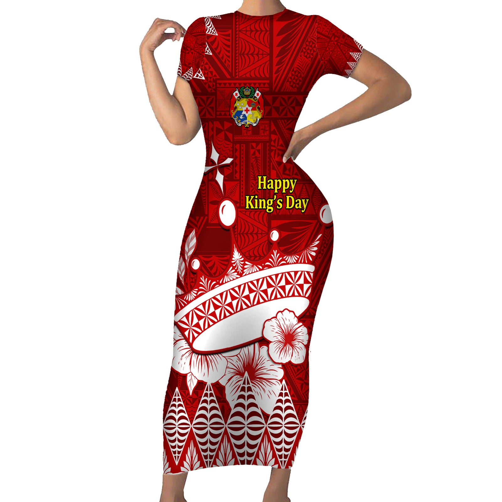 Personalised Tonga King Tupou I Day Short Sleeve Bodycon Dress Tongan Ngatu Pattern With Crown LT14 Long Dress Red - Polynesian Pride