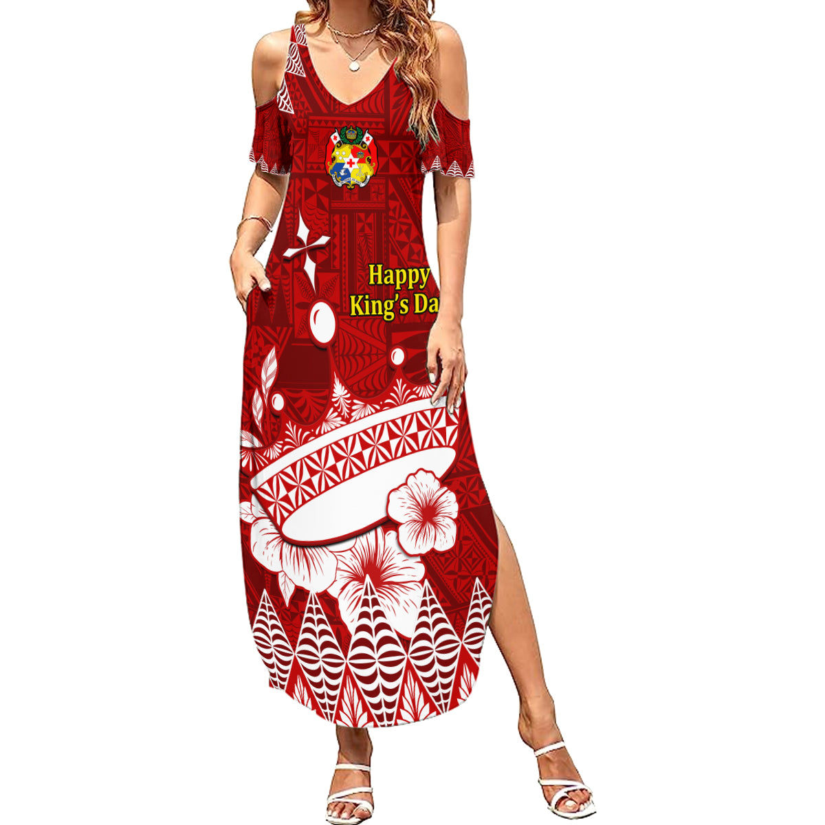 Personalised Tonga King Tupou I Day Summer Maxi Dress Tongan Ngatu Pattern With Crown LT14 Women Red - Polynesian Pride