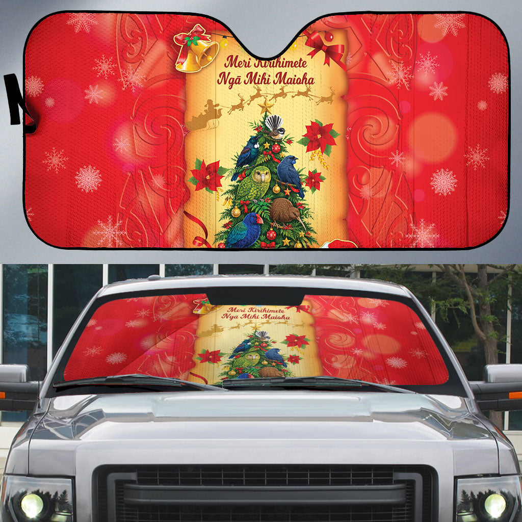 New Zealand Christmas Auto Sun Shade Meri Kirihimete NZ Xmas Tree Animals LT14 Red - Polynesian Pride