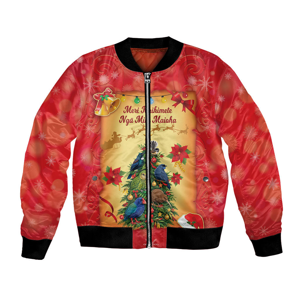 Personalised New Zealand Christmas Bomber Jacket Meri Kirihimete NZ Xmas Tree Animals LT14 Unisex Red - Polynesian Pride