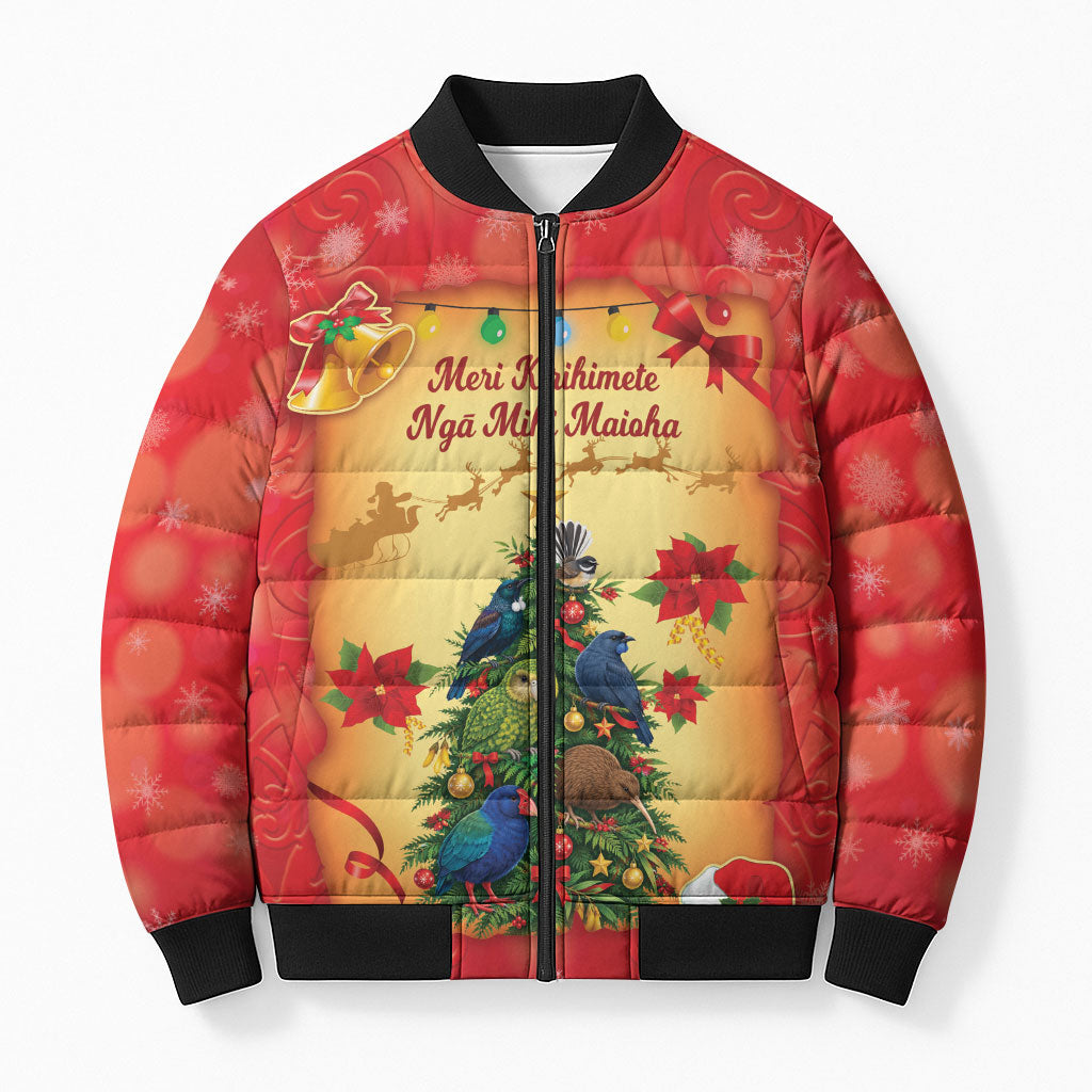 Personalised New Zealand Christmas Bomber Puffer Jacket Meri Kirihimete NZ Xmas Tree Animals LT14 Unisex Red - Polynesian Pride