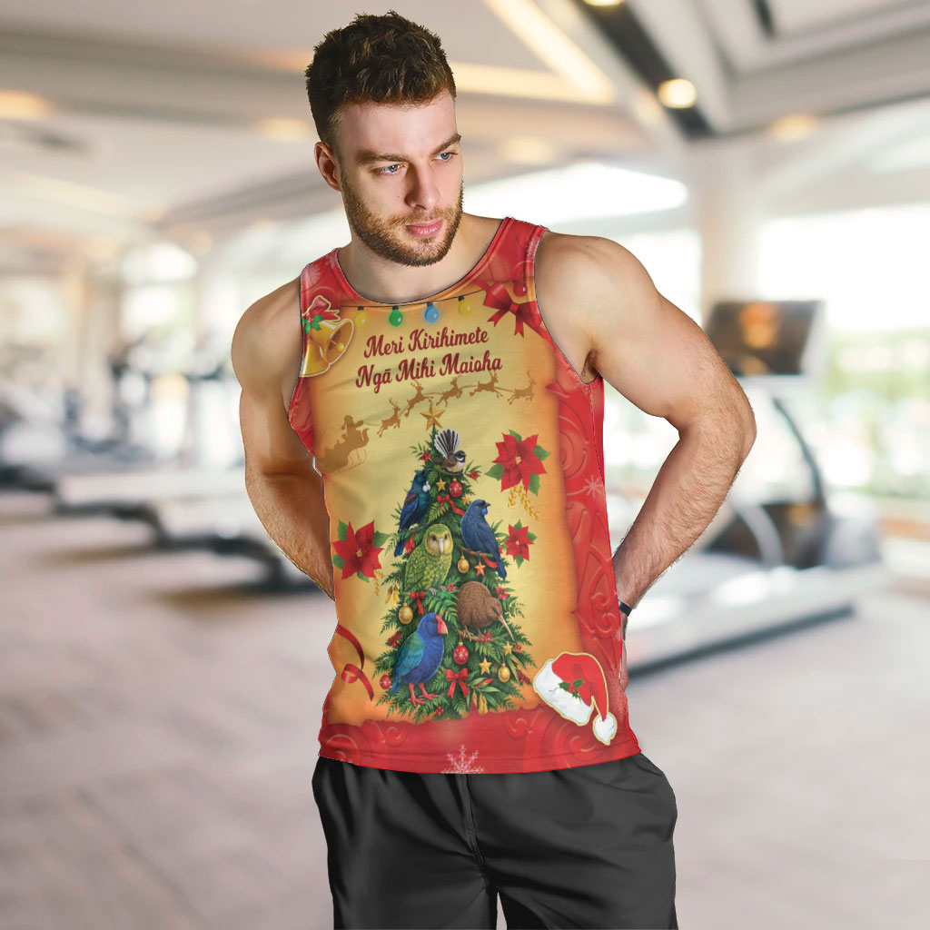 Personalised New Zealand Christmas Men Tank Top Meri Kirihimete NZ Xmas Tree Animals LT14 Red - Polynesian Pride