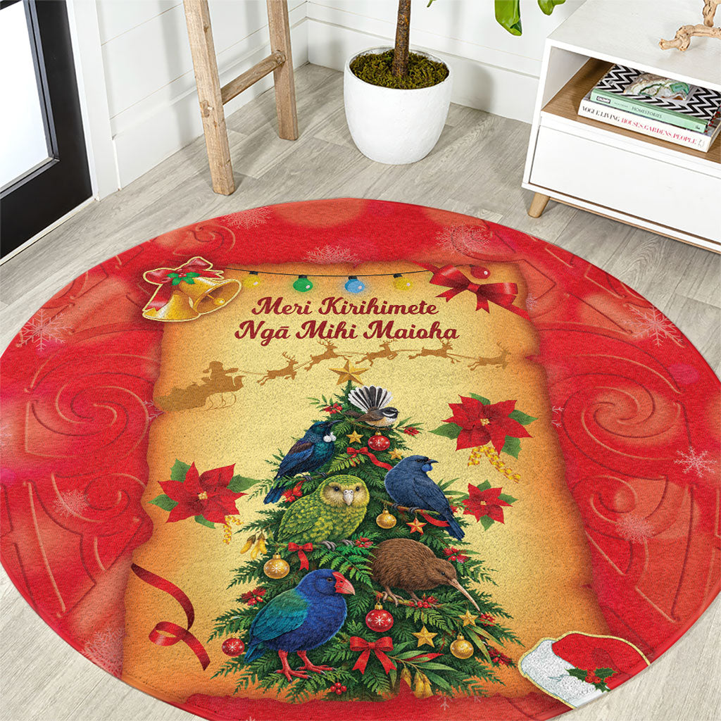 New Zealand Christmas Round Carpet Meri Kirihimete NZ Xmas Tree Animals LT14 Red - Polynesian Pride