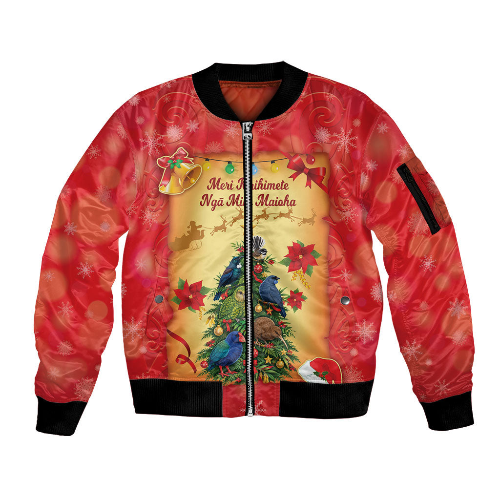 Personalised New Zealand Christmas Sleeve Zip Bomber Jacket Meri Kirihimete NZ Xmas Tree Animals LT14 Unisex Red - Polynesian Pride