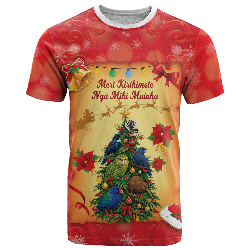 Personalised New Zealand Christmas T Shirt Meri Kirihimete NZ Xmas Tree Animals LT14 Red - Polynesian Pride