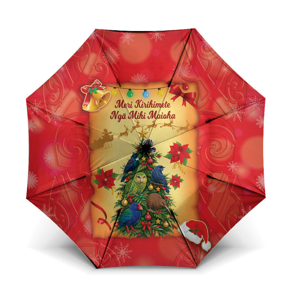 New Zealand Christmas Umbrella Meri Kirihimete NZ Xmas Tree Animals LT14 One Size Folded 11.42 inch Opened Diameter 37.4 inch Red - Polynesian Pride