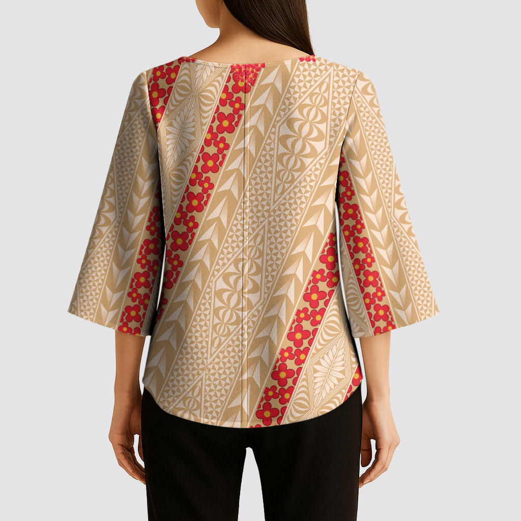 Malo e Lelei Tonga Kimono Sleeve Blouse Heilala Lei Tongan Ngatu Pattern LT14 - Polynesian Pride