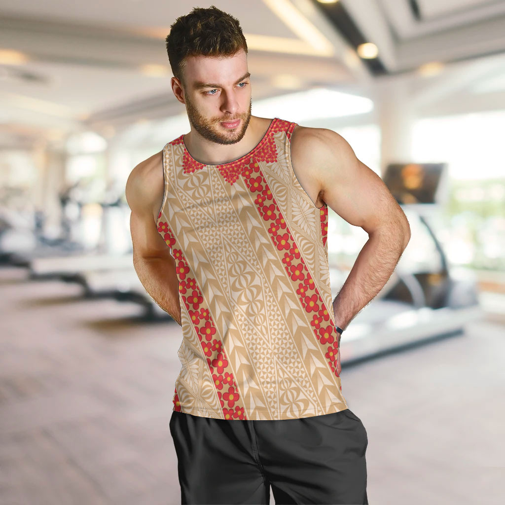 Malo e Lelei Tonga Men Tank Top Heilala Lei Tongan Ngatu Pattern LT14 Beige - Polynesian Pride