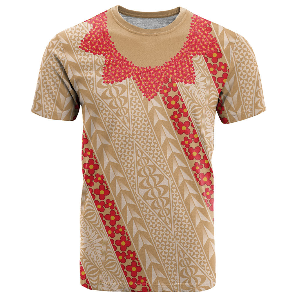 Malo e Lelei Tonga T Shirt Heilala Lei Tongan Ngatu Pattern LT14 Beige - Polynesian Pride