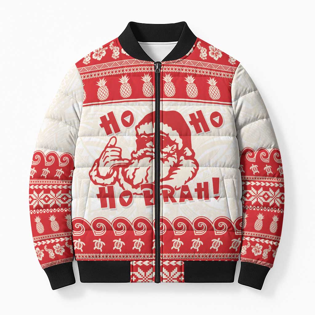 Red Mele Kalikimaka Hawaii Bomber Puffer Jacket Funny Ho Ho Ho Santa Shaka - Polynesian Pride