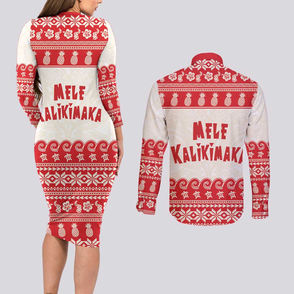 Red Mele Kalikimaka Hawaii Couples Matching Long Sleeve Bodycon Dress and Long Sleeve Button Shirt Funny Ho Ho Ho Santa Shaka - Polynesian Pride
