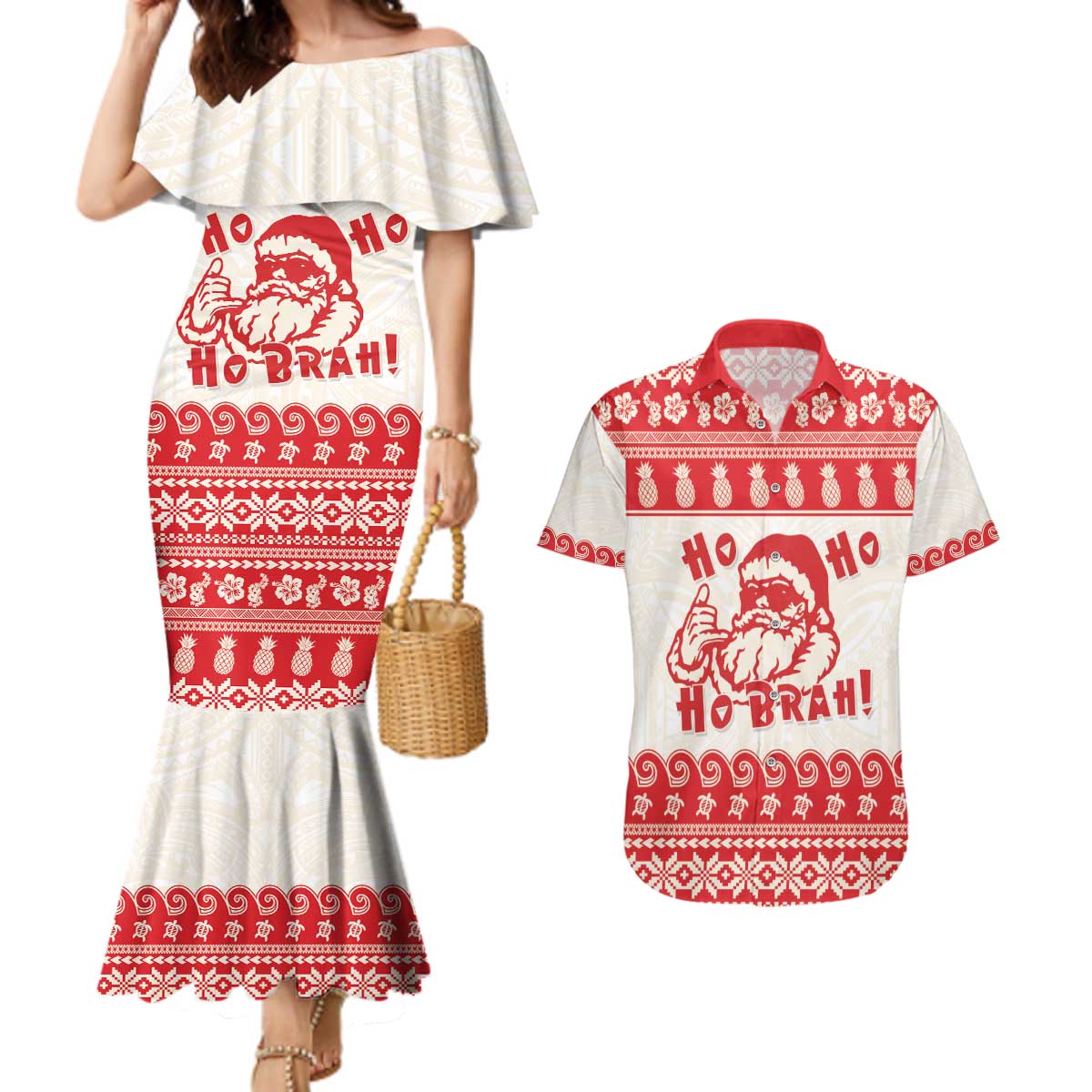 Red Mele Kalikimaka Hawaii Couples Matching Mermaid Dress and Hawaiian Shirt Funny Ho Ho Ho Santa Shaka - Polynesian Pride