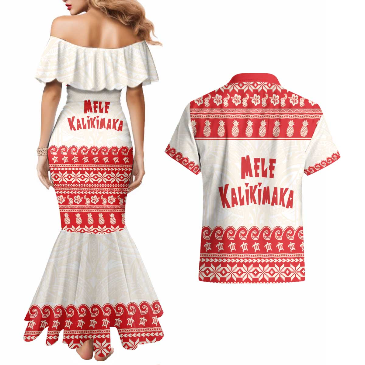 Red Mele Kalikimaka Hawaii Couples Matching Mermaid Dress and Hawaiian Shirt Funny Ho Ho Ho Santa Shaka - Polynesian Pride