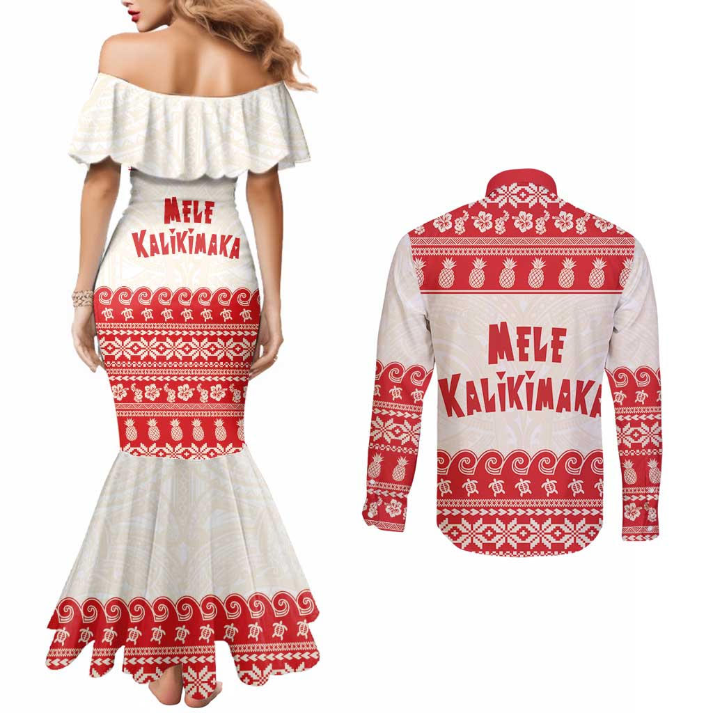 Red Mele Kalikimaka Hawaii Couples Matching Mermaid Dress and Long Sleeve Button Shirt Funny Ho Ho Ho Santa Shaka - Polynesian Pride
