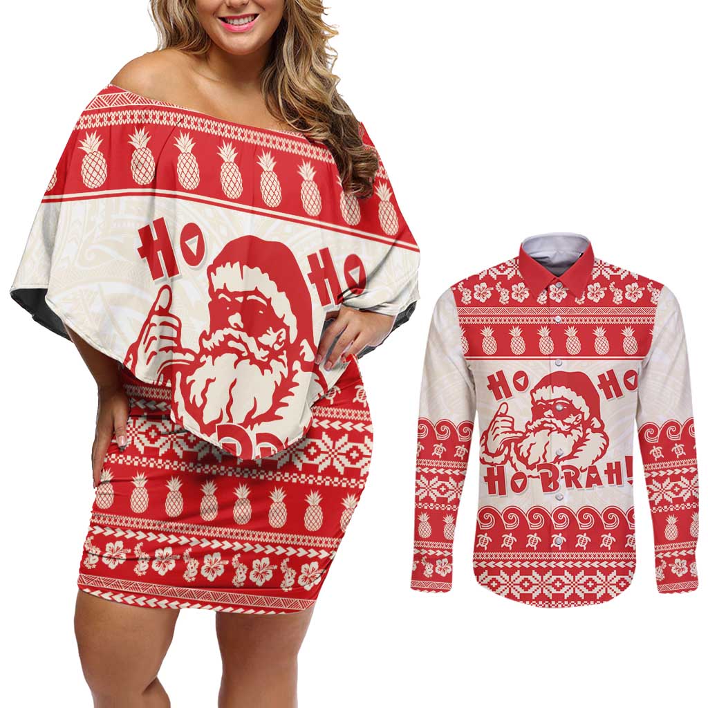 Red Mele Kalikimaka Hawaii Couples Matching Off Shoulder Short Dress and Long Sleeve Button Shirt Funny Ho Ho Ho Santa Shaka - Polynesian Pride
