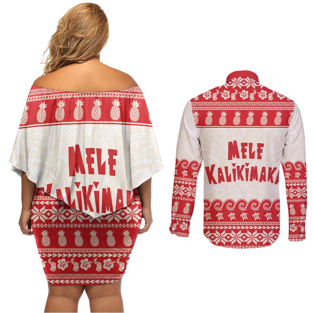 Red Mele Kalikimaka Hawaii Couples Matching Off Shoulder Short Dress and Long Sleeve Button Shirt Funny Ho Ho Ho Santa Shaka - Polynesian Pride