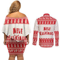 Red Mele Kalikimaka Hawaii Couples Matching Off Shoulder Short Dress and Long Sleeve Button Shirt Funny Ho Ho Ho Santa Shaka - Polynesian Pride