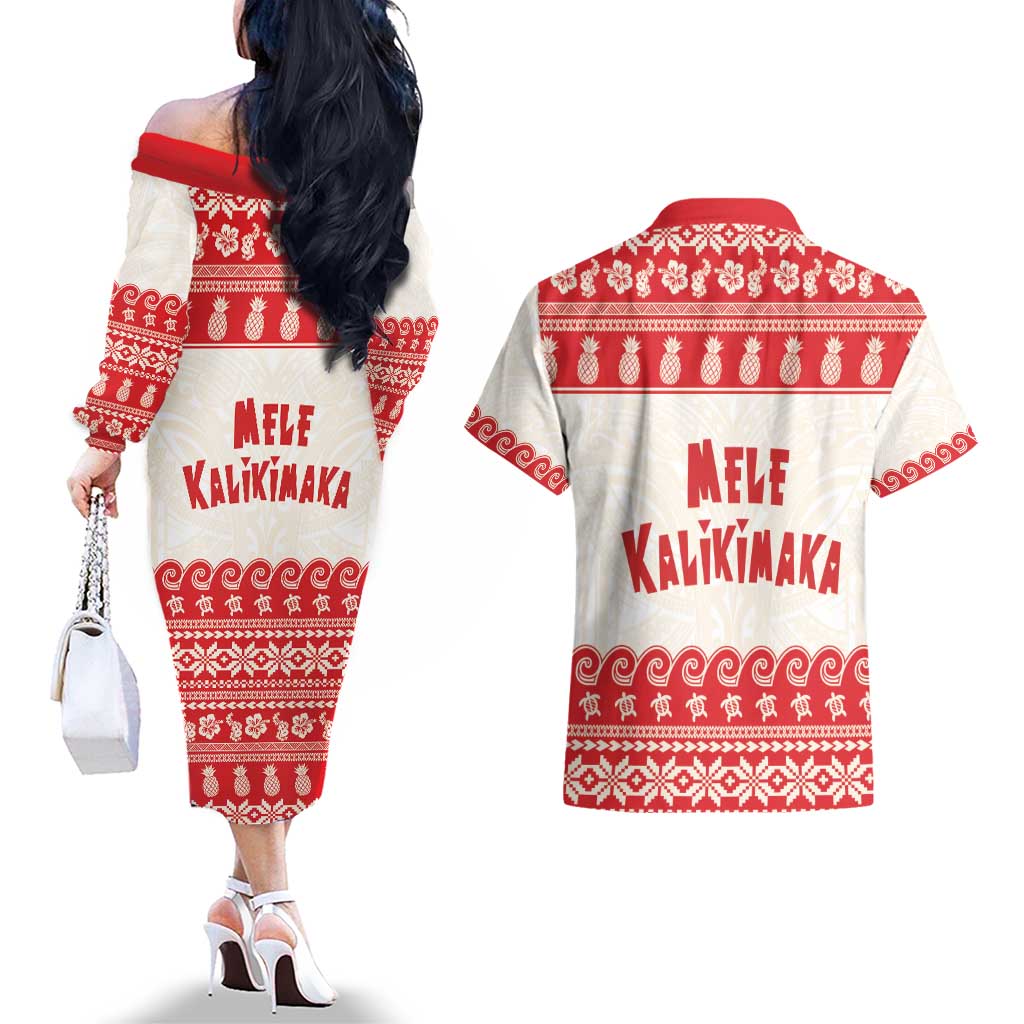 Red Mele Kalikimaka Hawaii Couples Matching Off The Shoulder Long Sleeve Dress and Hawaiian Shirt Funny Ho Ho Ho Santa Shaka - Polynesian Pride