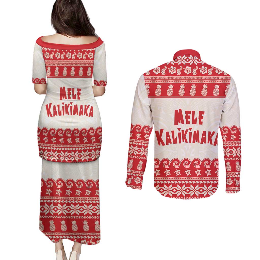 Red Mele Kalikimaka Hawaii Couples Matching Puletasi and Long Sleeve Button Shirt Funny Ho Ho Ho Santa Shaka - Polynesian Pride