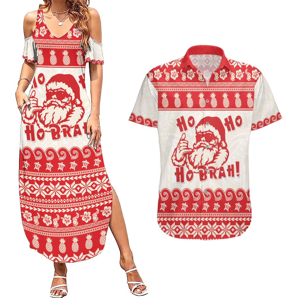 Red Mele Kalikimaka Hawaii Couples Matching Summer Maxi Dress and Hawaiian Shirt Funny Ho Ho Ho Santa Shaka - Polynesian Pride