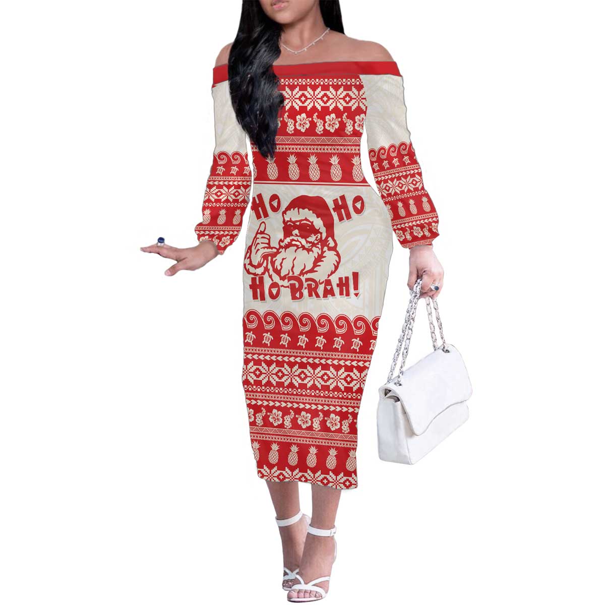 Red Mele Kalikimaka Hawaii Family Matching Off The Shoulder Long Sleeve Dress and Hawaiian Shirt Funny Ho Ho Ho Santa Shaka - Polynesian Pride