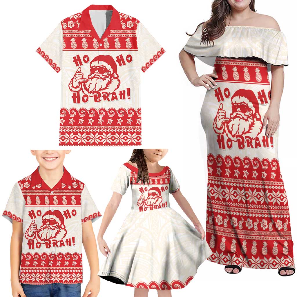 Red Mele Kalikimaka Hawaii Family Matching Off Shoulder Maxi Dress and Hawaiian Shirt Funny Ho Ho Ho Santa Shaka - Polynesian Pride
