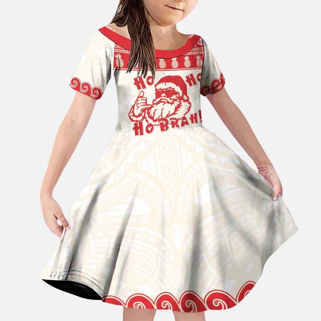 Red Mele Kalikimaka Hawaii Family Matching Puletasi and Hawaiian Shirt Funny Ho Ho Ho Santa Shaka LT14 Daughter's Dress Red - Polynesian Pride