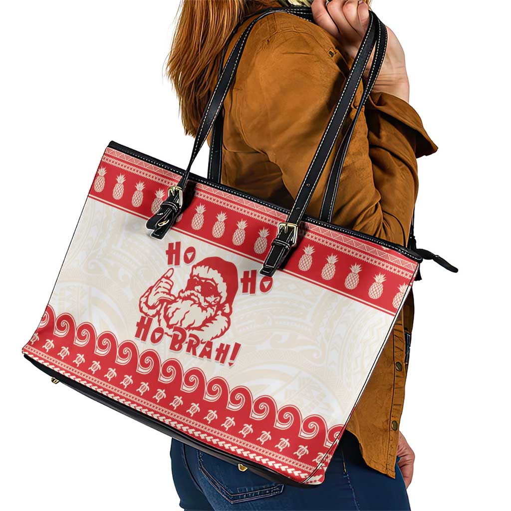 Red Mele Kalikimaka Hawaii Leather Tote Bag Funny Ho Ho Ho Santa Shaka - Polynesian Pride