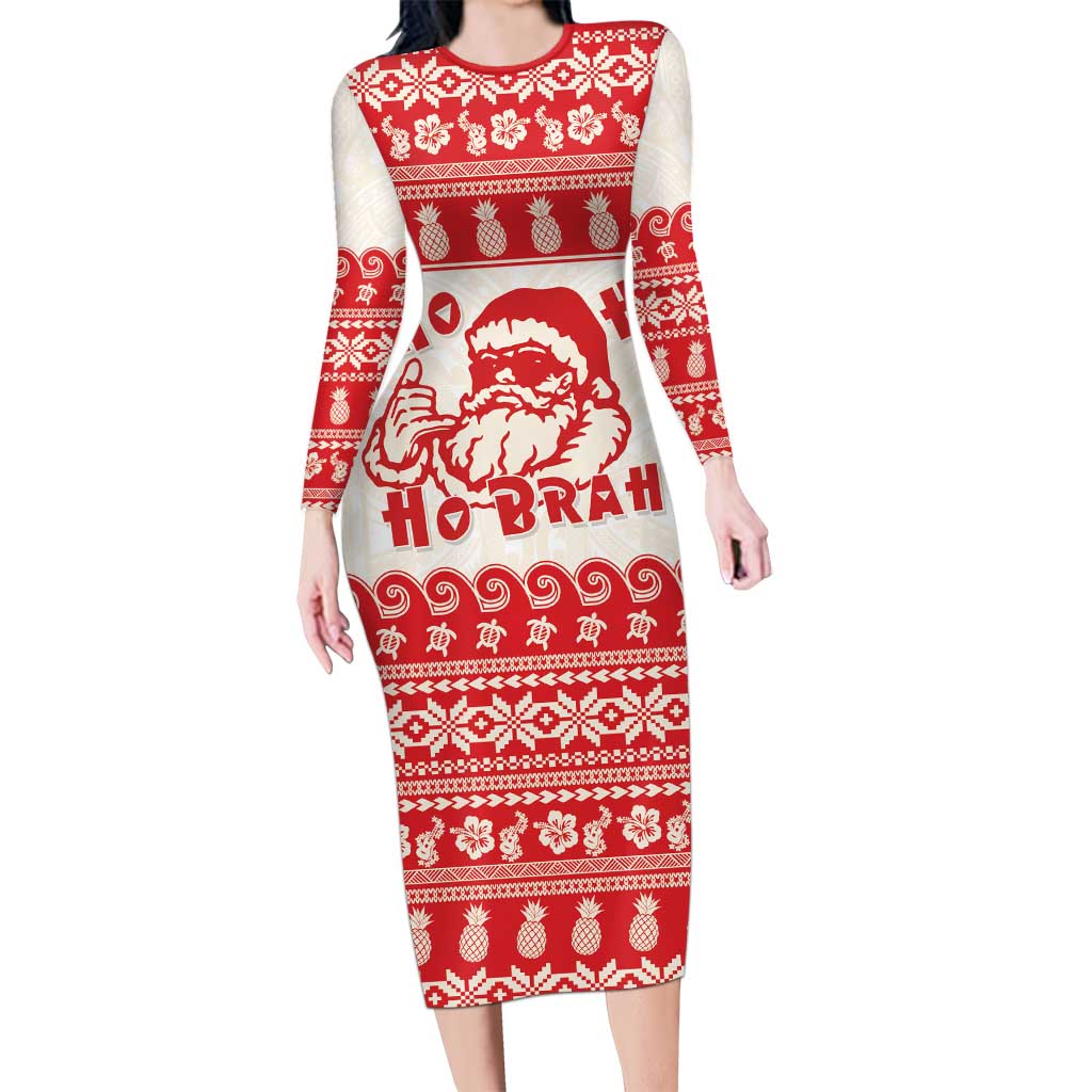Red Mele Kalikimaka Hawaii Long Sleeve Bodycon Dress Funny Ho Ho Ho Santa Shaka - Polynesian Pride