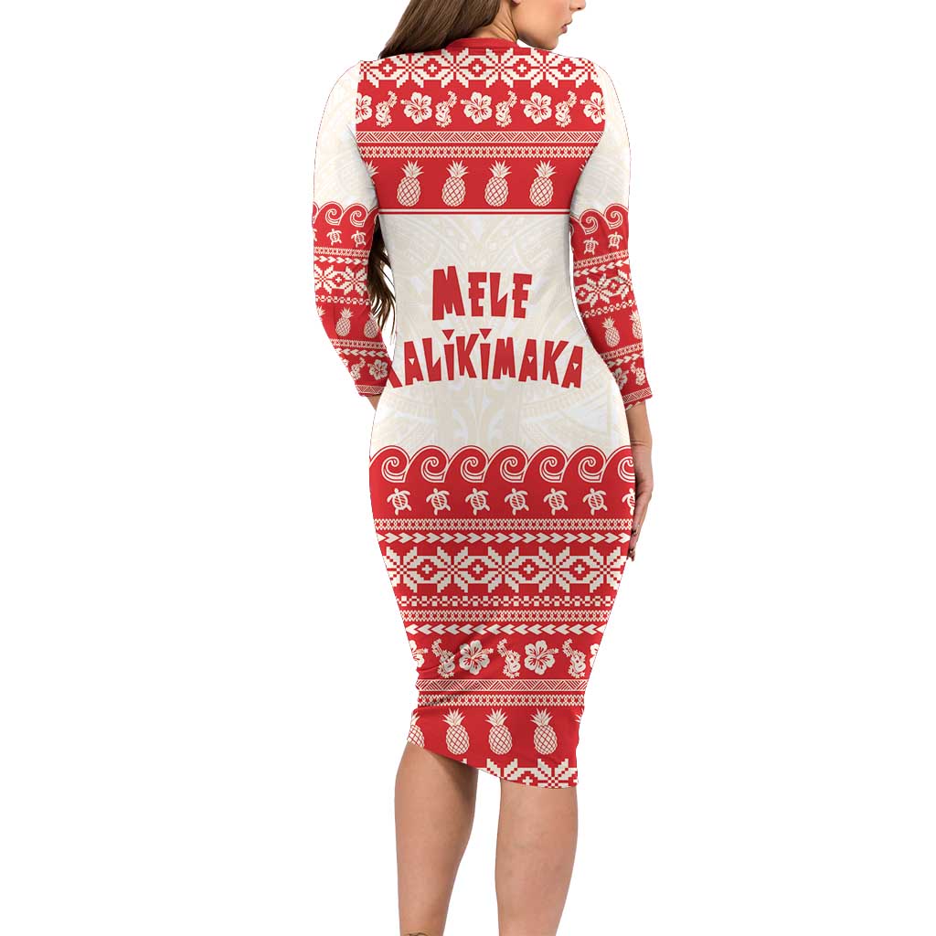 Red Mele Kalikimaka Hawaii Long Sleeve Bodycon Dress Funny Ho Ho Ho Santa Shaka - Polynesian Pride