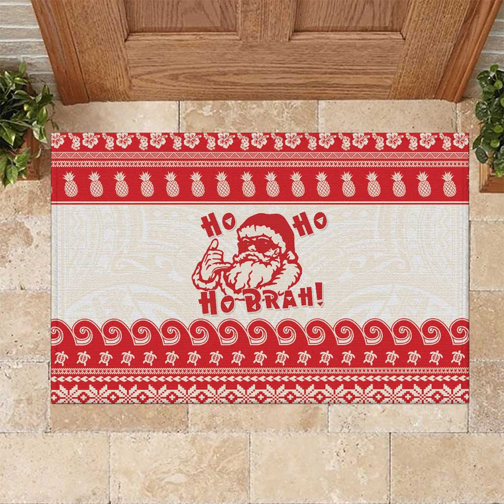 Red Mele Kalikimaka Hawaii Rubber Doormat Funny Ho Ho Ho Santa Shaka - Polynesian Pride