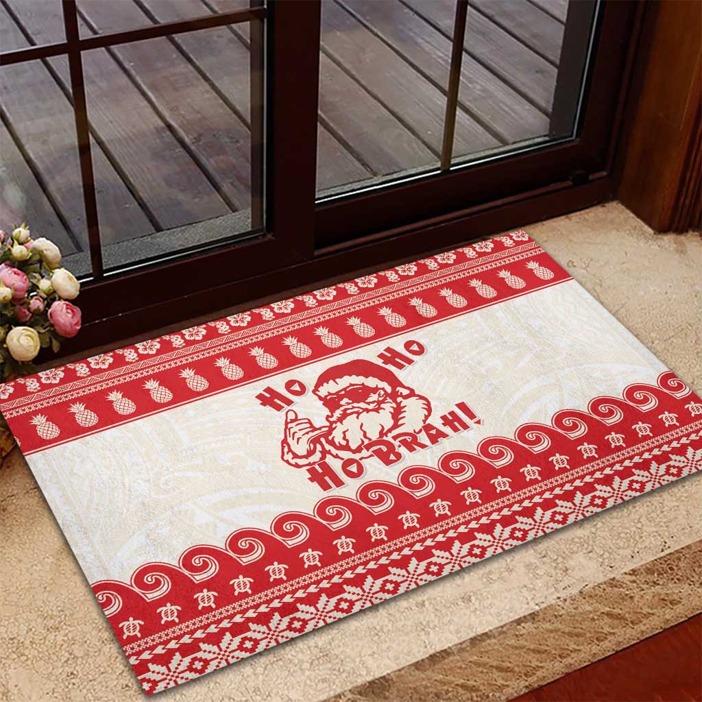 Red Mele Kalikimaka Hawaii Rubber Doormat Funny Ho Ho Ho Santa Shaka - Polynesian Pride