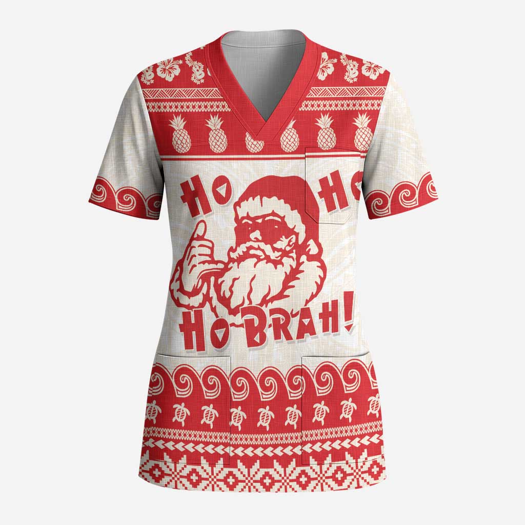 Red Mele Kalikimaka Hawaii Scrub Top Funny Ho Ho Ho Santa Shaka - Polynesian Pride