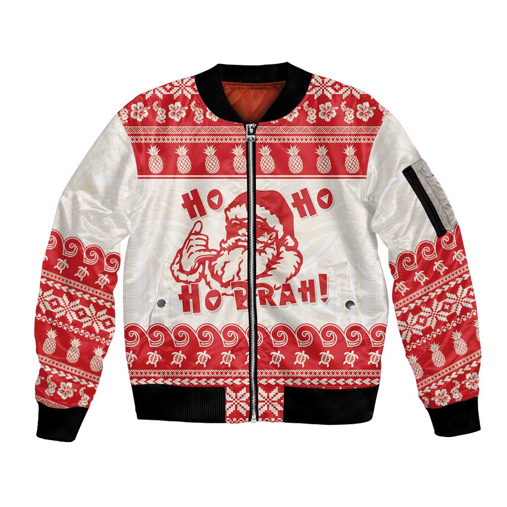Red Mele Kalikimaka Hawaii Sleeve Zip Bomber Jacket Funny Ho Ho Ho Santa Shaka - Polynesian Pride