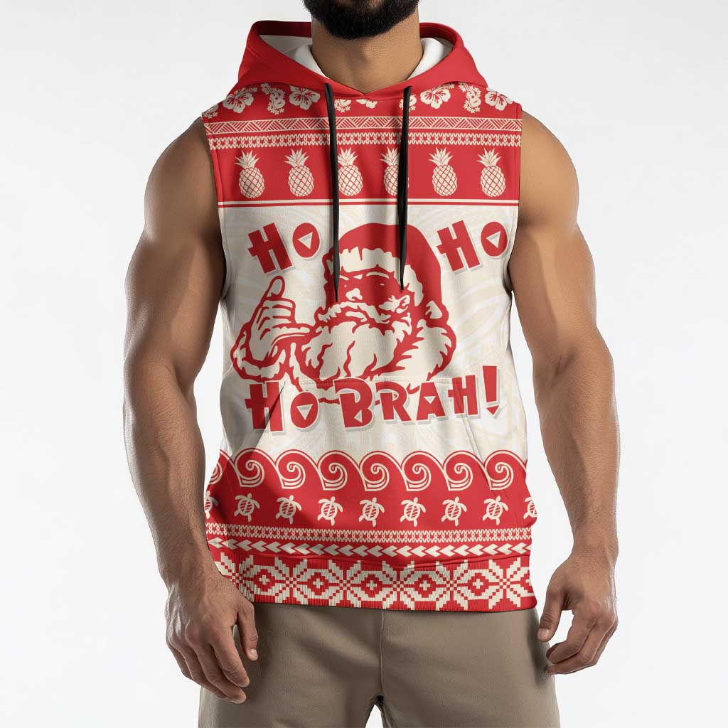 Red Mele Kalikimaka Hawaii Sleeveless Hoodie Funny Ho Ho Ho Santa Shaka - Polynesian Pride