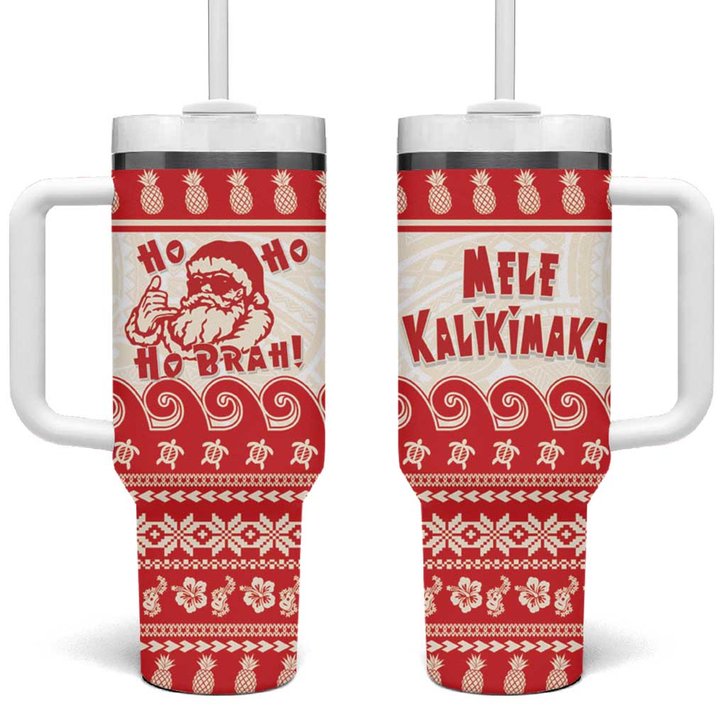 Red Mele Kalikimaka Hawaii Tumbler With Handle Funny Ho Ho Ho Santa Shaka - Polynesian Pride